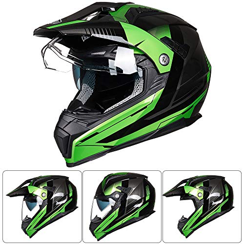 ILM Off Road Motorcycle Dual Sport Helmet Full Face Sun Visor Dirt Bike ATV Motocross Casco DOT Certified Model 606V(Green, M) - Image 2