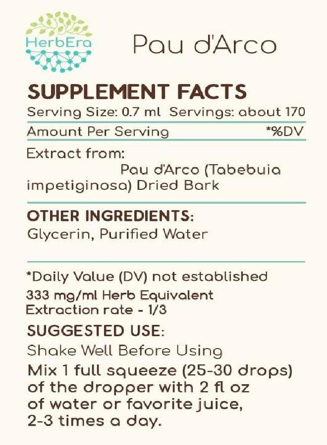 HerbEra PAU d'Arco B120 Alcohol-Free Herbal Extract Tincture, Concentrated Liquid Drops Natural Wildcrafted PAU d'Arco (Tabebuia Impetiginosa) Dried Bark (4 fl oz) - Image 4