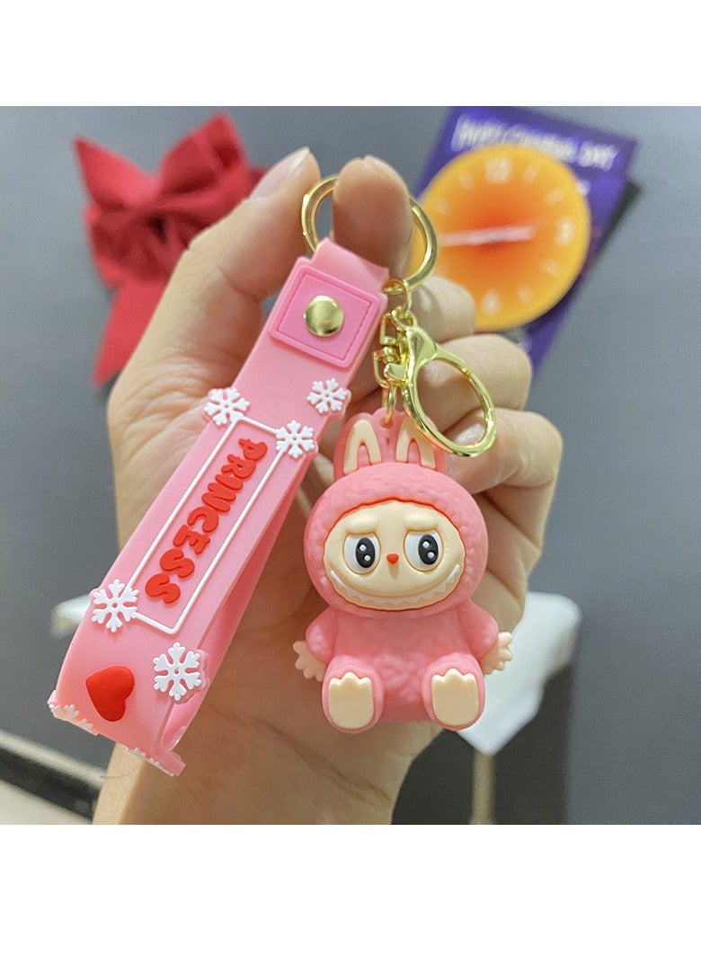 Generic Labubu Cute New Dress Labubu Sitting Cute Series Keychain Car Backpack Doll Gift Keychain (Pink) 