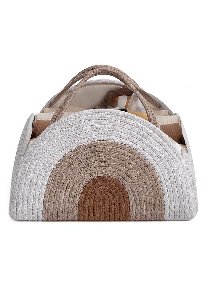 general Baby Nappy Caddy, Nappy Organiser, Nursery Bohemian cotton rope storage basket, Portable Car Organizer with Removable Inserts (White/Khaki) - Image 1