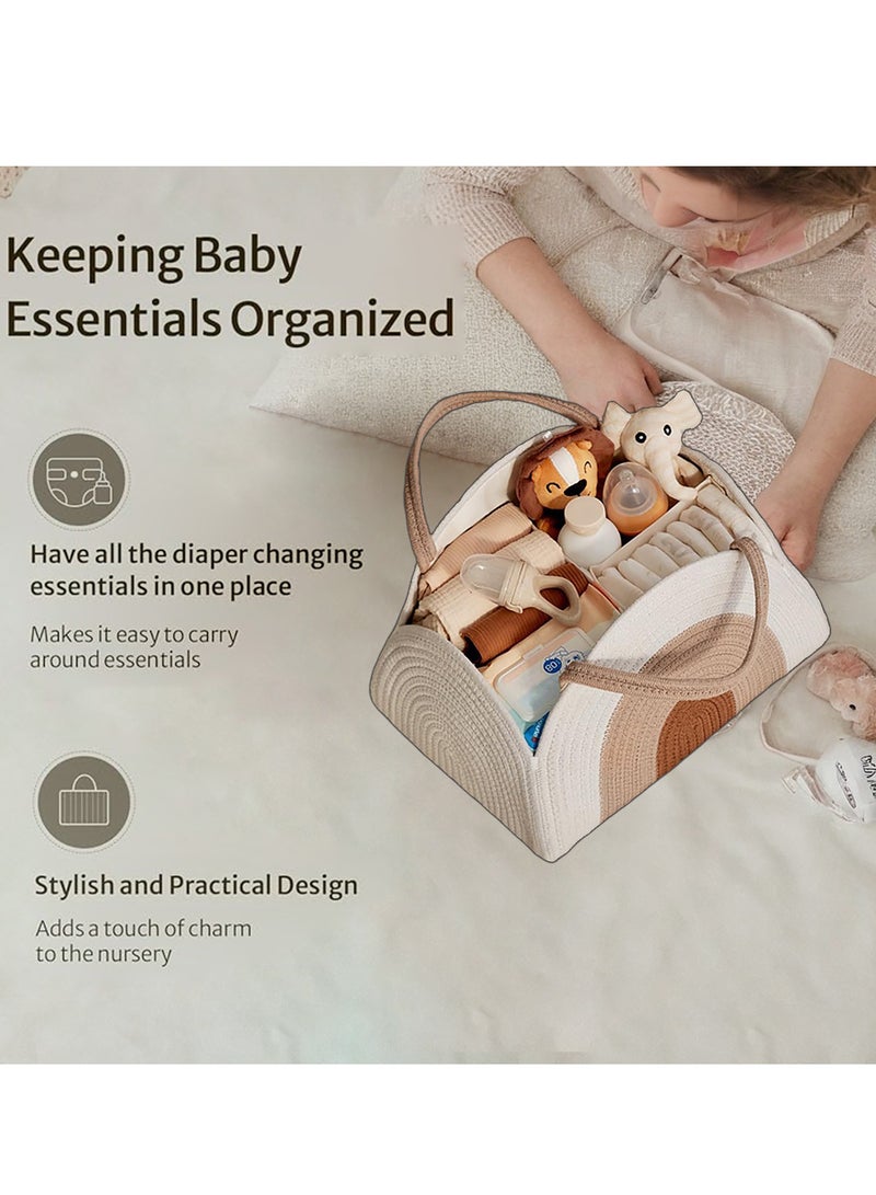 general Baby Nappy Caddy, Nappy Organiser, Nursery Bohemian cotton rope storage basket, Portable Car Organizer with Removable Inserts (White/Khaki) - Image 4