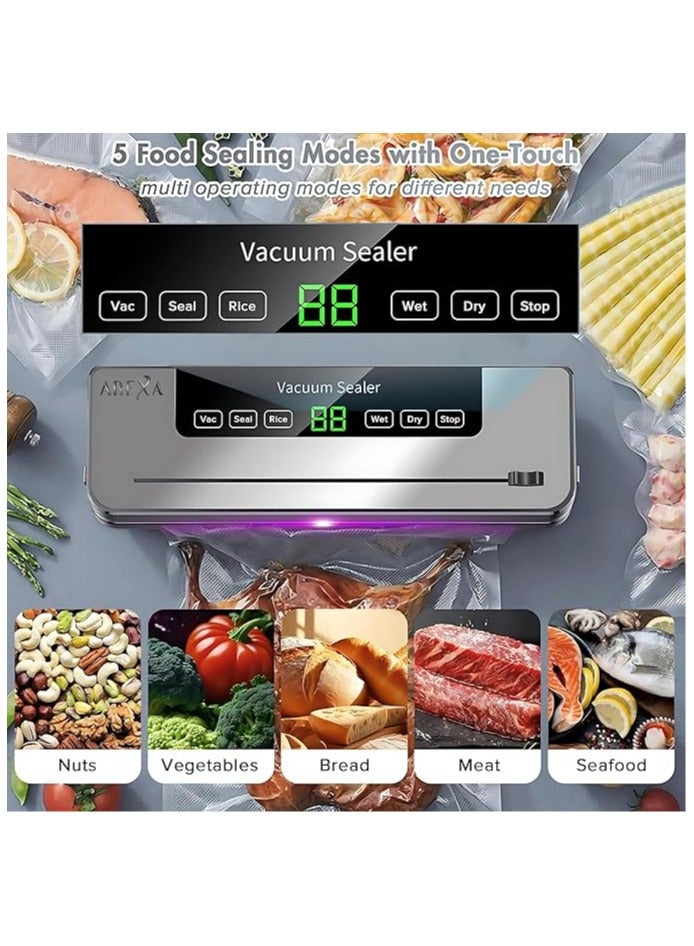 أريكسا آلة غلق الفراغ من AREXA مع وظيفة 6 في 1، وقاطع مدمج، و20 كيس تفريغ، وغلق جاف/رطب - رائعة لبقايا الطعام، وإعداد الوجبات، والتخزين بالجملة - Image 2
