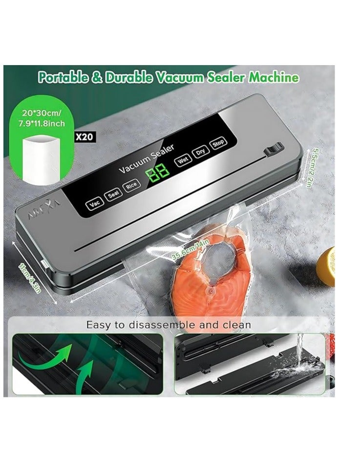 أريكسا آلة غلق الفراغ من AREXA مع وظيفة 6 في 1، وقاطع مدمج، و20 كيس تفريغ، وغلق جاف/رطب - رائعة لبقايا الطعام، وإعداد الوجبات، والتخزين بالجملة - Image 3