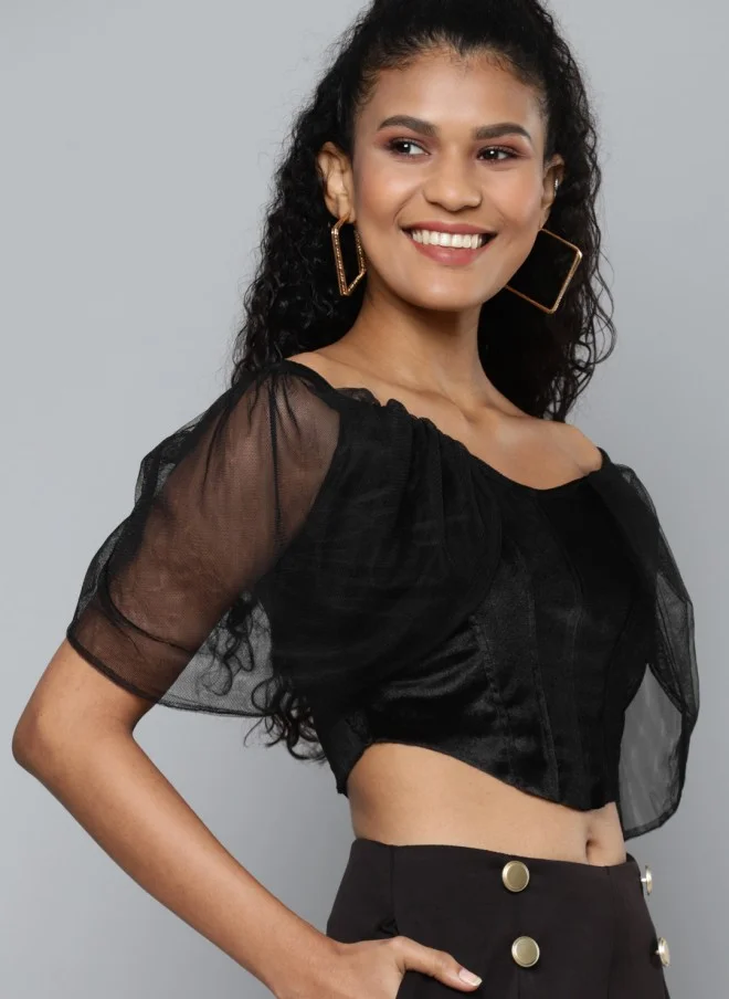 ساسافراس Black Off-Shoulder Velvet Crop Blouse for Women