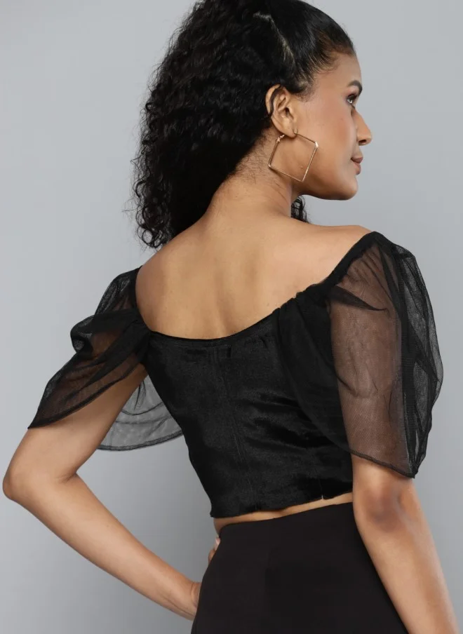 ساسافراس Black Off-Shoulder Velvet Crop Blouse for Women