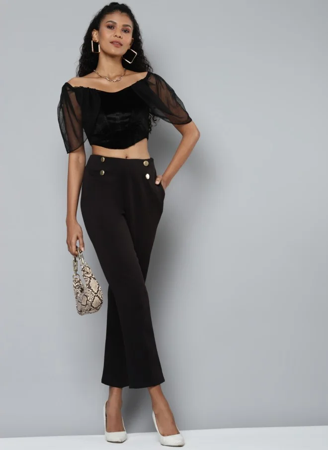 ساسافراس Black Off-Shoulder Velvet Crop Blouse for Women