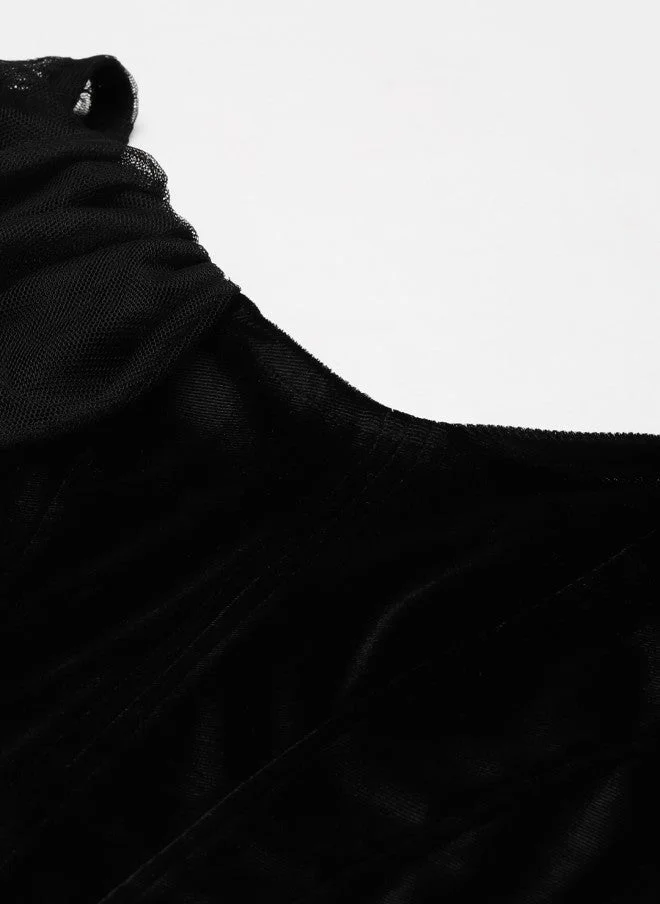 SASSAFRAS Black Off-Shoulder Velvet Crop Blouse for Women