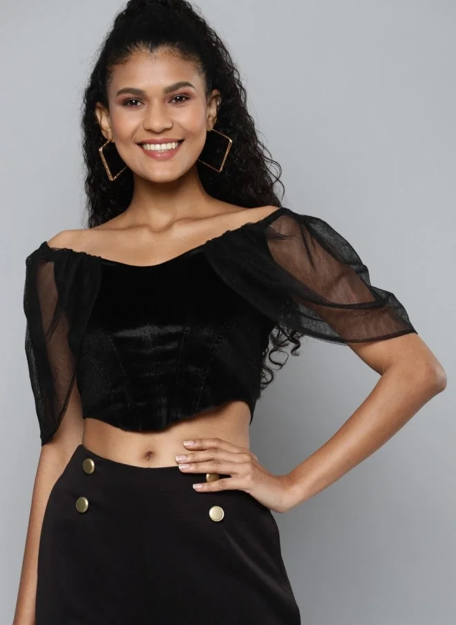 SASSAFRAS Black Off-Shoulder Velvet Crop Blouse for Women