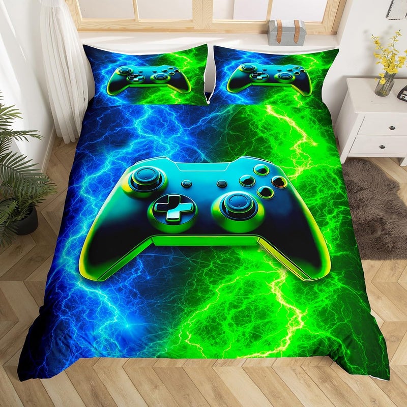 Modern Gamer Duvet Cover Set Single Size BlueGreen Lightning Gamepad Comforter Cover with 1 Pillowcase Video Games Bedding Set 2pcs for Kids Boy Room Decor Gaming Reversible Bedspread Cover
