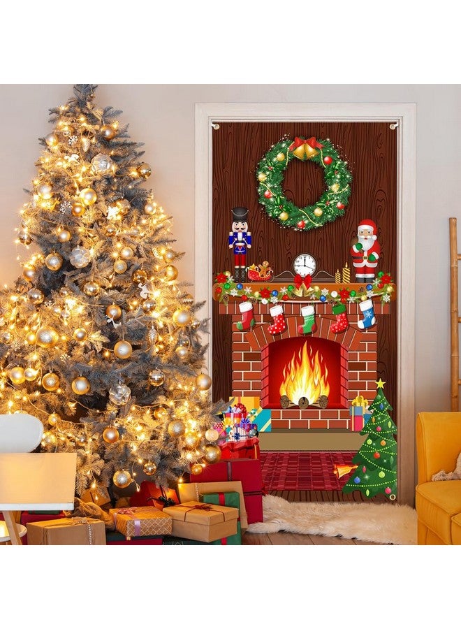 Lofaris Merry Christmas Door Cover Red Brick Wall Scene Setter Christmas Fireplace Backdrop Xmas Tree Printed Banner Boy Girl Birthday Holiday Party Front Door Hanging Decoration 72.8x35.4 Inch - Image 3