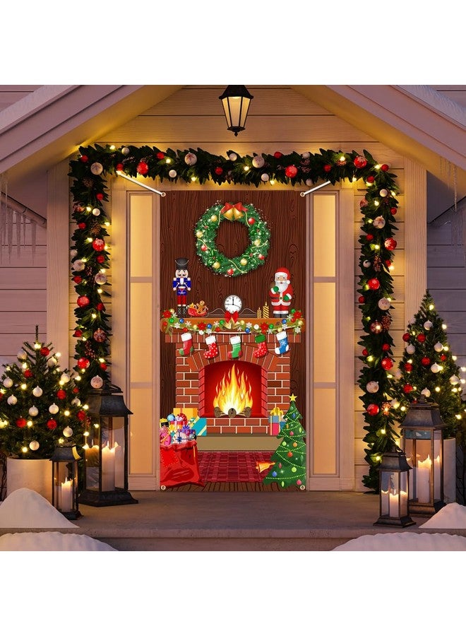 Lofaris Merry Christmas Door Cover Red Brick Wall Scene Setter Christmas Fireplace Backdrop Xmas Tree Printed Banner Boy Girl Birthday Holiday Party Front Door Hanging Decoration 72.8x35.4 Inch - Image 2