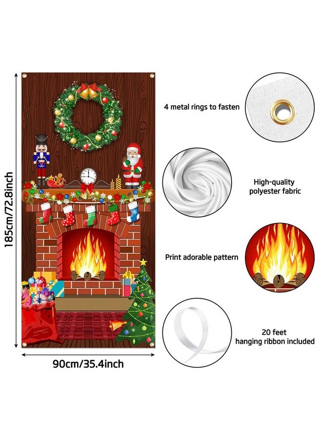 Lofaris Merry Christmas Door Cover Red Brick Wall Scene Setter Christmas Fireplace Backdrop Xmas Tree Printed Banner Boy Girl Birthday Holiday Party Front Door Hanging Decoration 72.8x35.4 Inch - Image 4