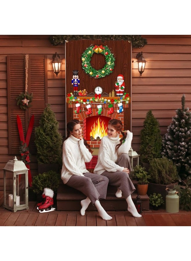 Lofaris Merry Christmas Door Cover Red Brick Wall Scene Setter Christmas Fireplace Backdrop Xmas Tree Printed Banner Boy Girl Birthday Holiday Party Front Door Hanging Decoration 72.8x35.4 Inch - Image 5
