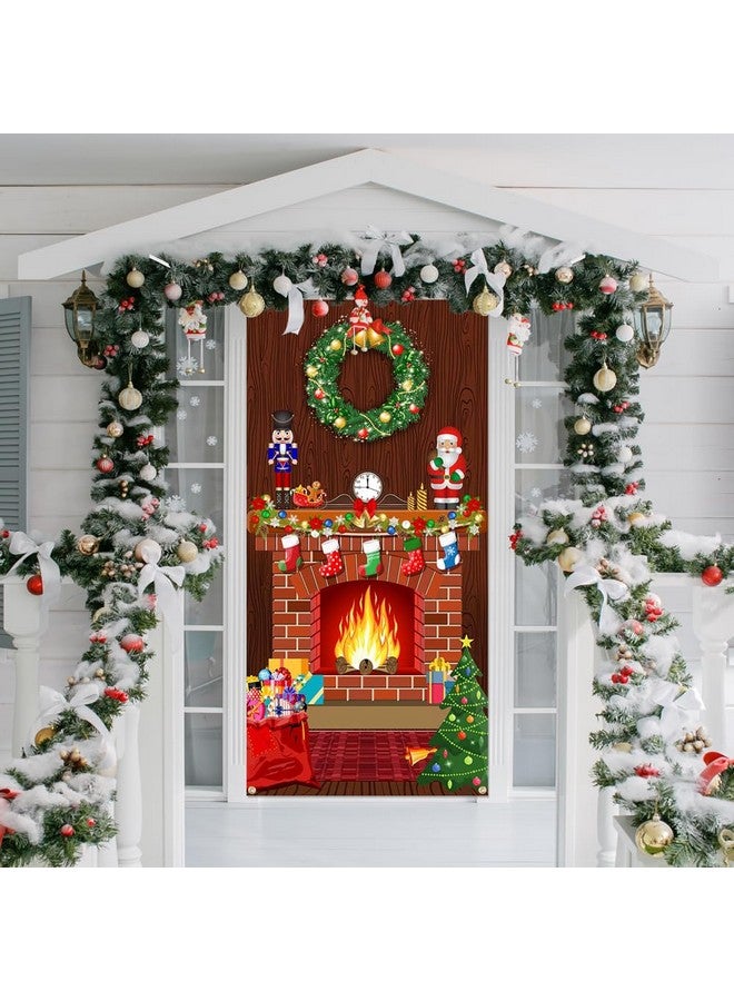 Lofaris Merry Christmas Door Cover Red Brick Wall Scene Setter Christmas Fireplace Backdrop Xmas Tree Printed Banner Boy Girl Birthday Holiday Party Front Door Hanging Decoration 72.8x35.4 Inch - Image 1