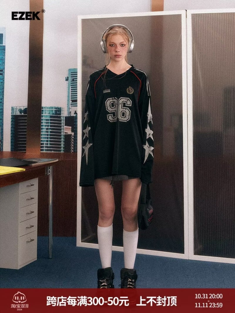 Star Print American Style Vintage Stitching Long Sleeve V-Neck Sweat Couples Oversize Loose Ball Suit Design Top - Image 3