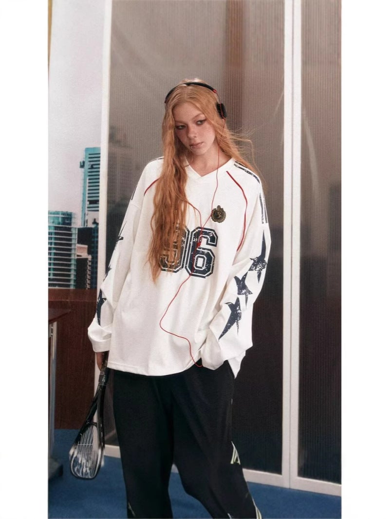Star Print American Style Vintage Stitching Long Sleeve V-Neck Sweat Couples Oversize Loose Ball Suit Design Top - Image 2
