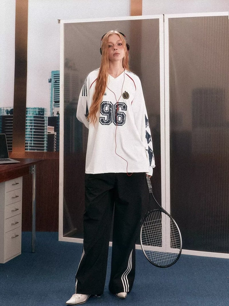 Star Print American Style Vintage Stitching Long Sleeve V-Neck Sweat Couples Oversize Loose Ball Suit Design Top - Image 5