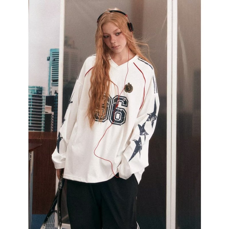 Star Print American Style Vintage Stitching Long Sleeve V-Neck Sweat Couples Oversize Loose Ball Suit Design Top - Image 1