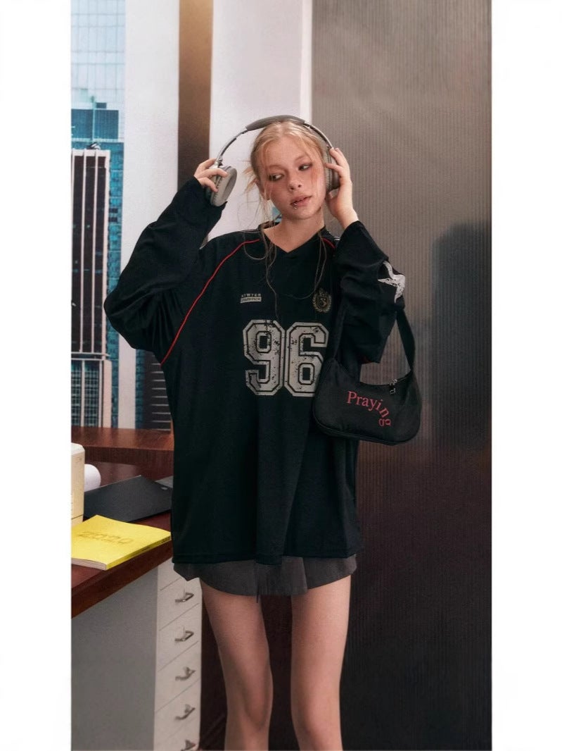 Star Print American Style Vintage Stitching Long Sleeve V-Neck Sweat Couples Oversize Loose Ball Suit Design Top - Image 4