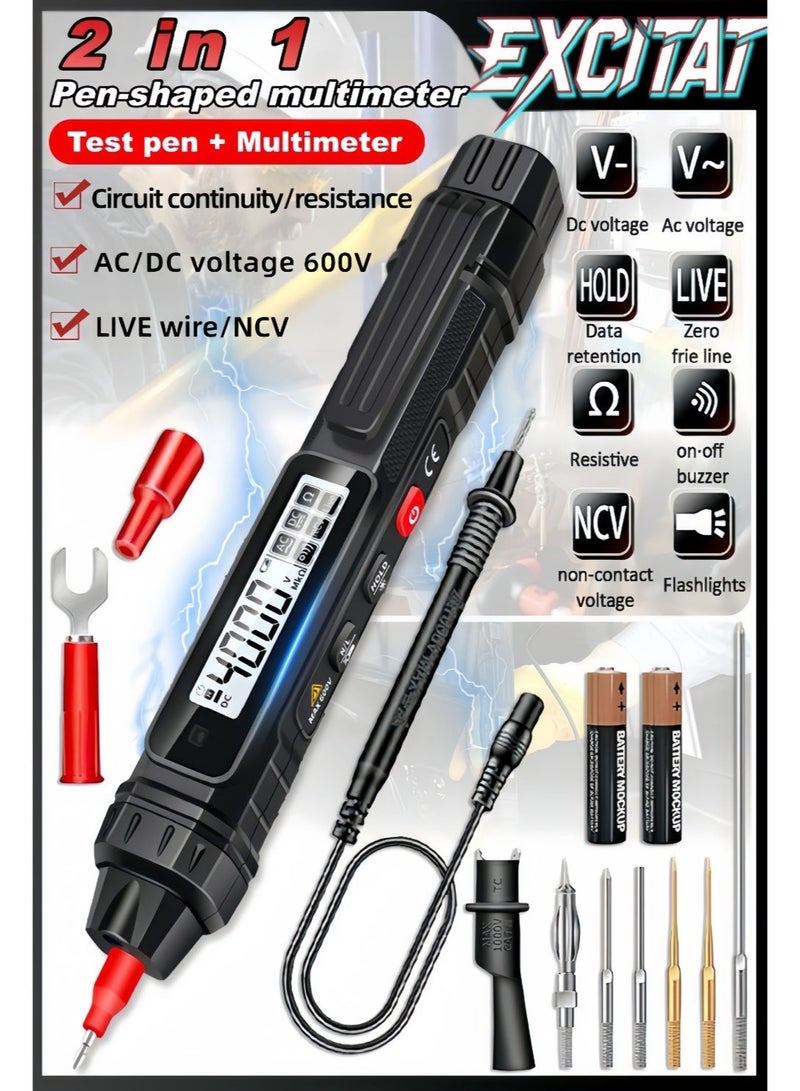 excitat Pen Type Voltage Tester Digital Multimeter, 4000 Count AC/DC Voltage Professional Tester Meter,  Non-Contact Electricians 600V Voltmeter Tester for AC DC Voltage, Live Wire, Resistance, Continuity and Diode Tests - Image 1