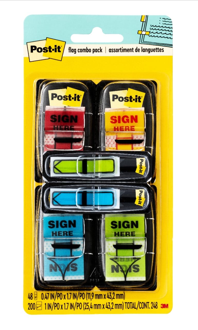 Post-it Message Sign Here Flags Value Pack, 50/Dispenser, 4 Dispensers/Pack, 1 in Wide, Assorted Colors, Includes 48 Free Arrow Flags (680-SH4VA) - Image 1