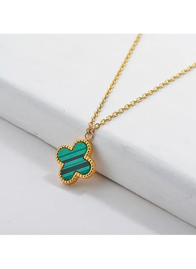 The Black Pearl Accessories - Green Clover Leaf Stainless Steel Golden Pendant Necklace - Image 1