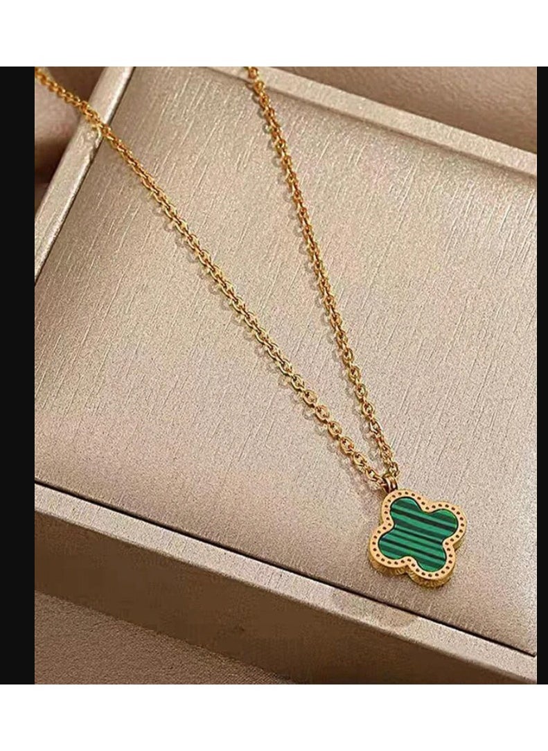 The Black Pearl Accessories - Green Clover Leaf Stainless Steel Golden Pendant Necklace - Image 1