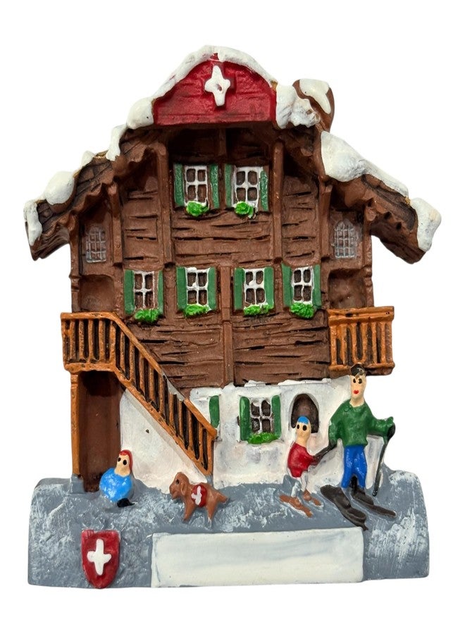 Kriwin Switzerland Theme 3D Resin Fridge Magnet, Alpine Chalet with Skier Figurines, Brown and White, 6.5 cm, Travel Souvenir - Image 1