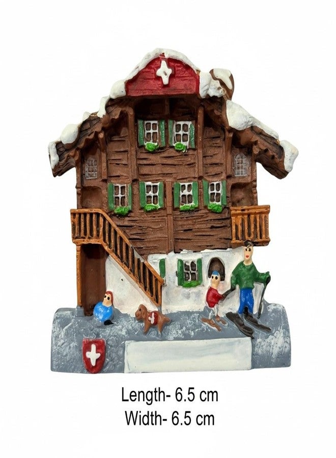 Kriwin Switzerland Theme 3D Resin Fridge Magnet, Alpine Chalet with Skier Figurines, Brown and White, 6.5 cm, Travel Souvenir - Image 2