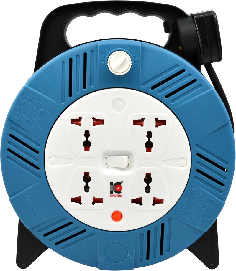 KADRIS Heavy Duty 3 Way Socket Cable Extension Reel Cassette, 10 Meter Cable Length, Blue/Black - Image 2