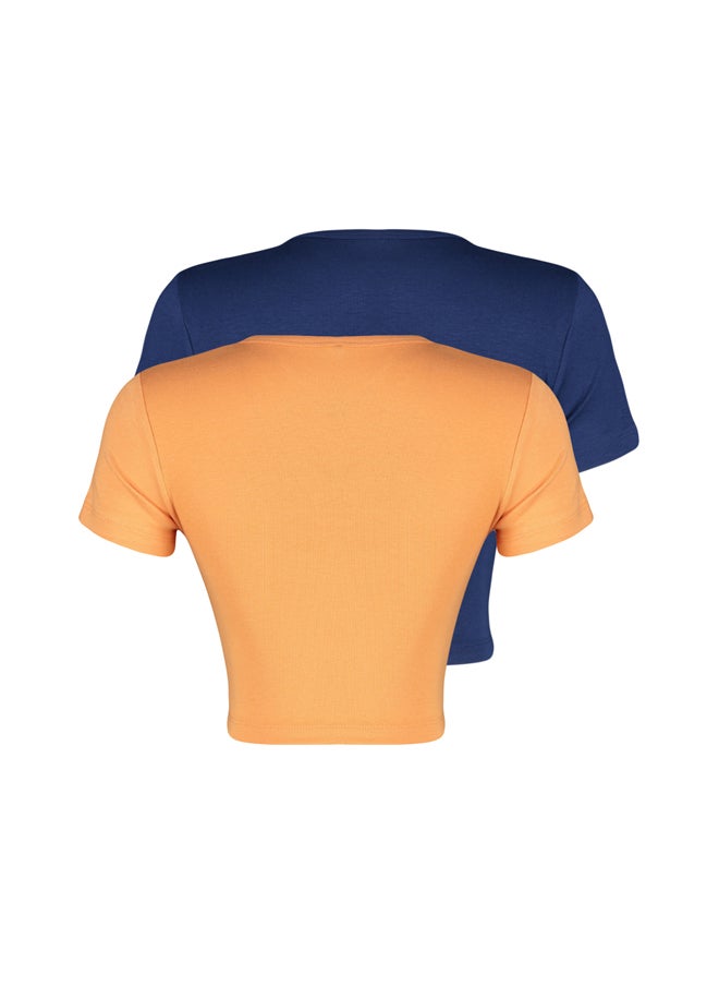 trendyol Premium Navy Blue-Orange 2 Pack Crop Viscose Stretchy Knitted Blouse TWOSS23BZ00108  - Image 4