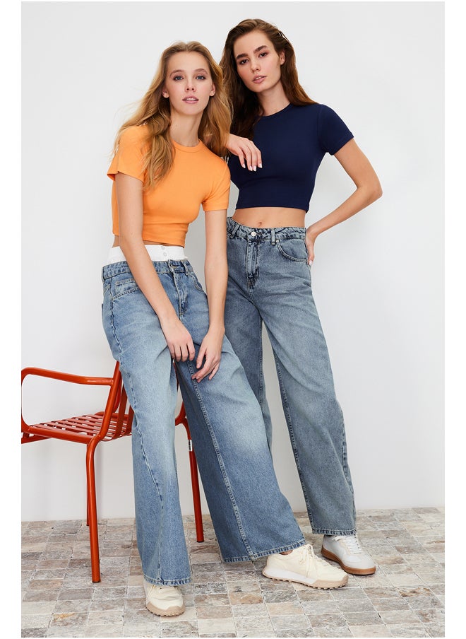 trendyol Premium Navy Blue-Orange 2 Pack Crop Viscose Stretchy Knitted Blouse TWOSS23BZ00108  - Image 1
