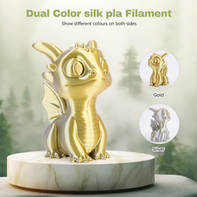 3DHoJor Silk PLA Filament 1.75mm Gold Silver Dual Color PLA 3D Printer Filament 2 in 1 Coextrusion 1KG Spool(2.2lbs) 3D Printing Filament Dimensional Accuracy +/- 0.03mm Fits for Most FDM 3D Printers - Image 2
