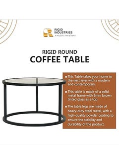 RIGID Steel Round Coffee Table with Tinted Glass Top Black 44x70x70cm  - Image 2