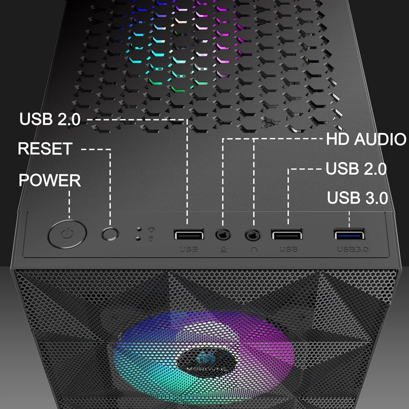 MOROVOL PC Case Pre-Install 4 RGB Fans, ATX Gaming Computer Case with Diamond-Shaped Mesh Front & Tempered Glass Side Panel, USB 3.0 Airflow Mid Tower case,621 - Image 3
