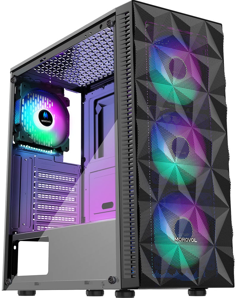 MOROVOL PC Case Pre-Install 4 RGB Fans, ATX Gaming Computer Case with Diamond-Shaped Mesh Front & Tempered Glass Side Panel, USB 3.0 Airflow Mid Tower case,621 - Image 1