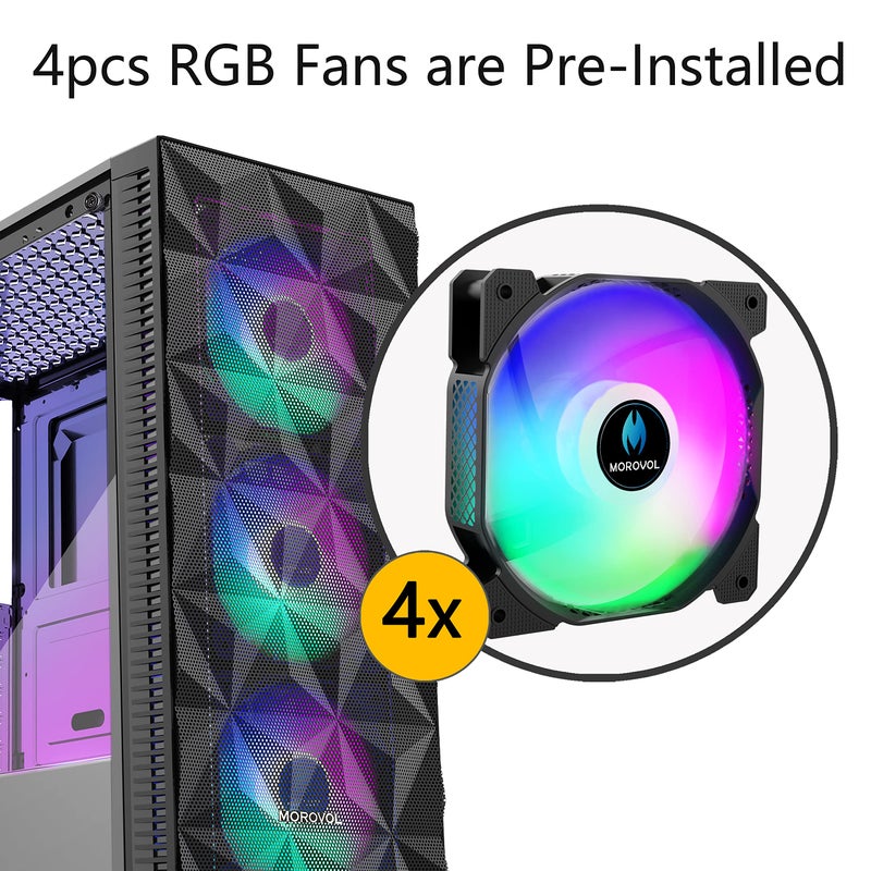 MOROVOL PC Case Pre-Install 4 RGB Fans, ATX Gaming Computer Case with Diamond-Shaped Mesh Front & Tempered Glass Side Panel, USB 3.0 Airflow Mid Tower case,621 - Image 2
