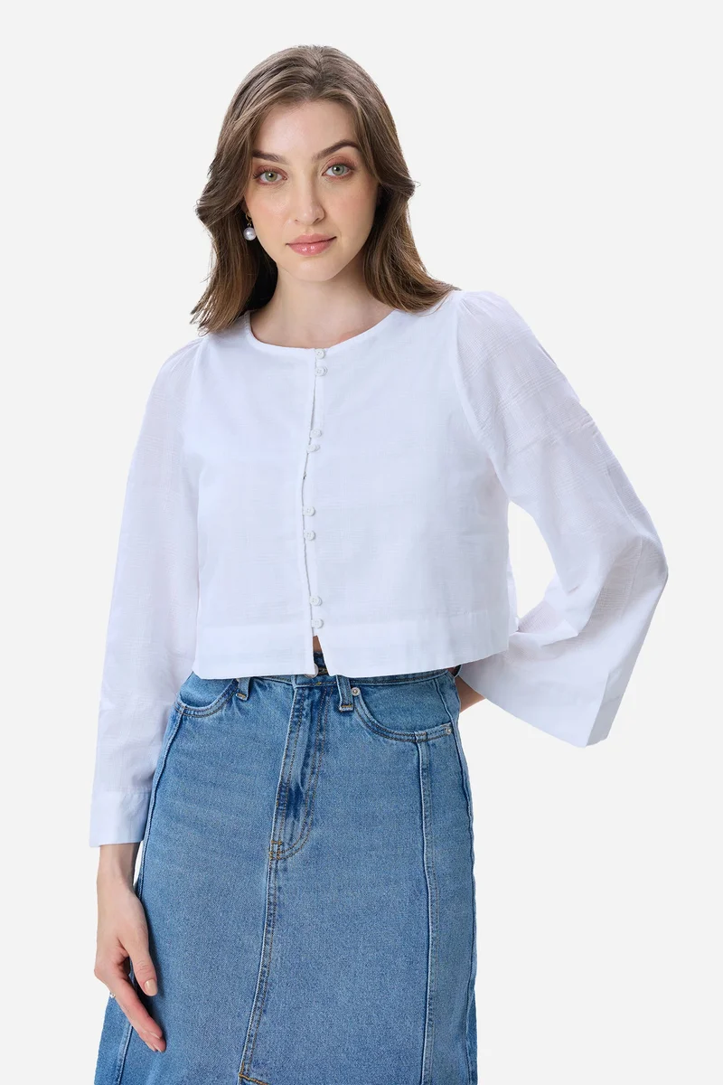 Virgio Self Design Cotton Bell Sleeve Crop Top for Women