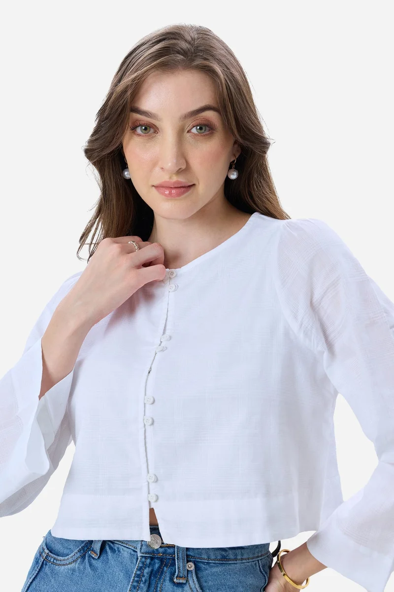 Virgio Self Design Cotton Bell Sleeve Crop Top for Women