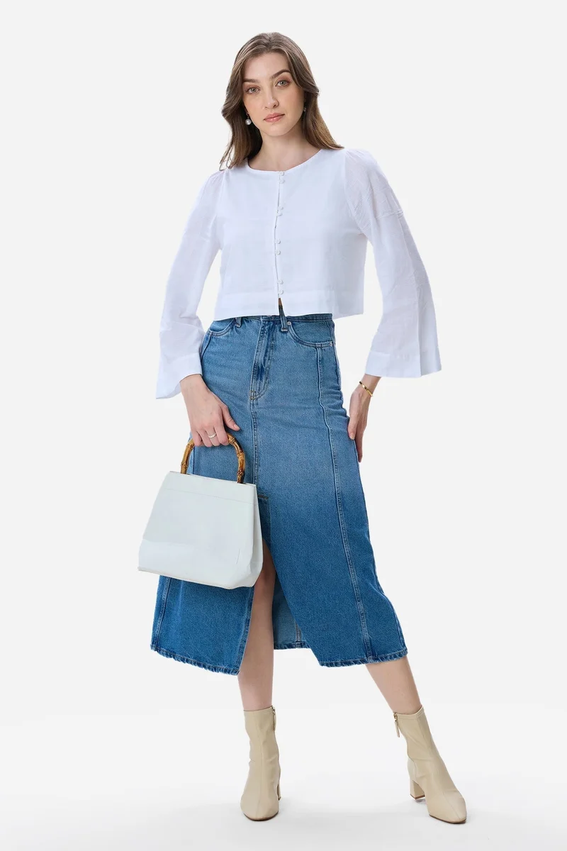 فيرجيو Self Design Cotton Bell Sleeve Crop Top for Women