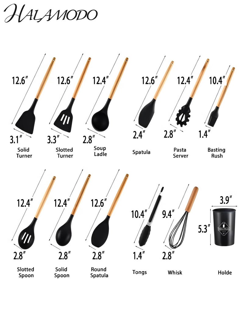 Halamodo 12PCS Silicone Cooking Utensils Set with Wooden Handle Non-Stick Food Grade Quality Silicone Cooking Utensils Set 428℉ Heat Resistant BPA Free Silicone Spatula Set Kitchen Tools - Image 3