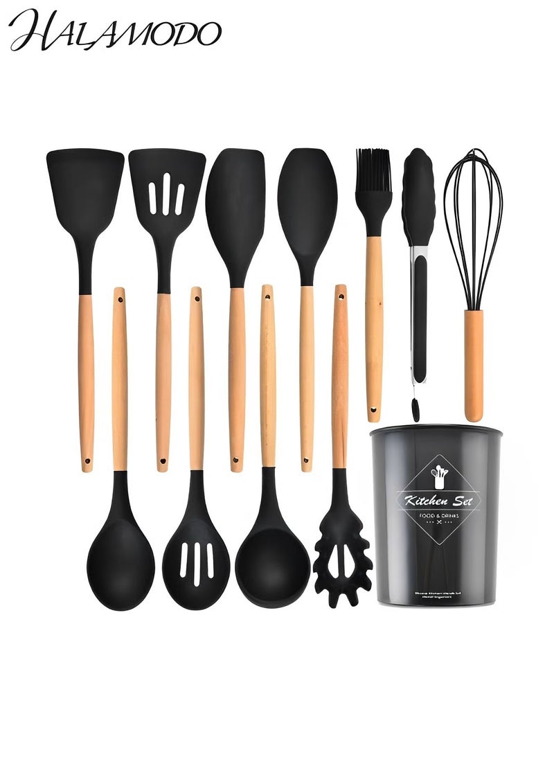 Halamodo 12PCS Silicone Cooking Utensils Set with Wooden Handle Non-Stick Food Grade Quality Silicone Cooking Utensils Set 428℉ Heat Resistant BPA Free Silicone Spatula Set Kitchen Tools - Image 2