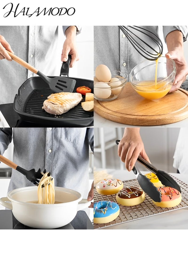 Halamodo 12PCS Silicone Cooking Utensils Set with Wooden Handle Non-Stick Food Grade Quality Silicone Cooking Utensils Set 428℉ Heat Resistant BPA Free Silicone Spatula Set Kitchen Tools - Image 5