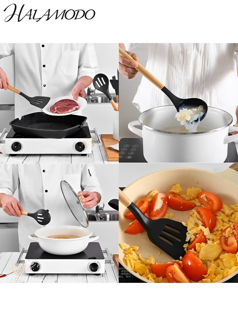 Halamodo 12PCS Silicone Cooking Utensils Set with Wooden Handle Non-Stick Food Grade Quality Silicone Cooking Utensils Set 428℉ Heat Resistant BPA Free Silicone Spatula Set Kitchen Tools - Image 4