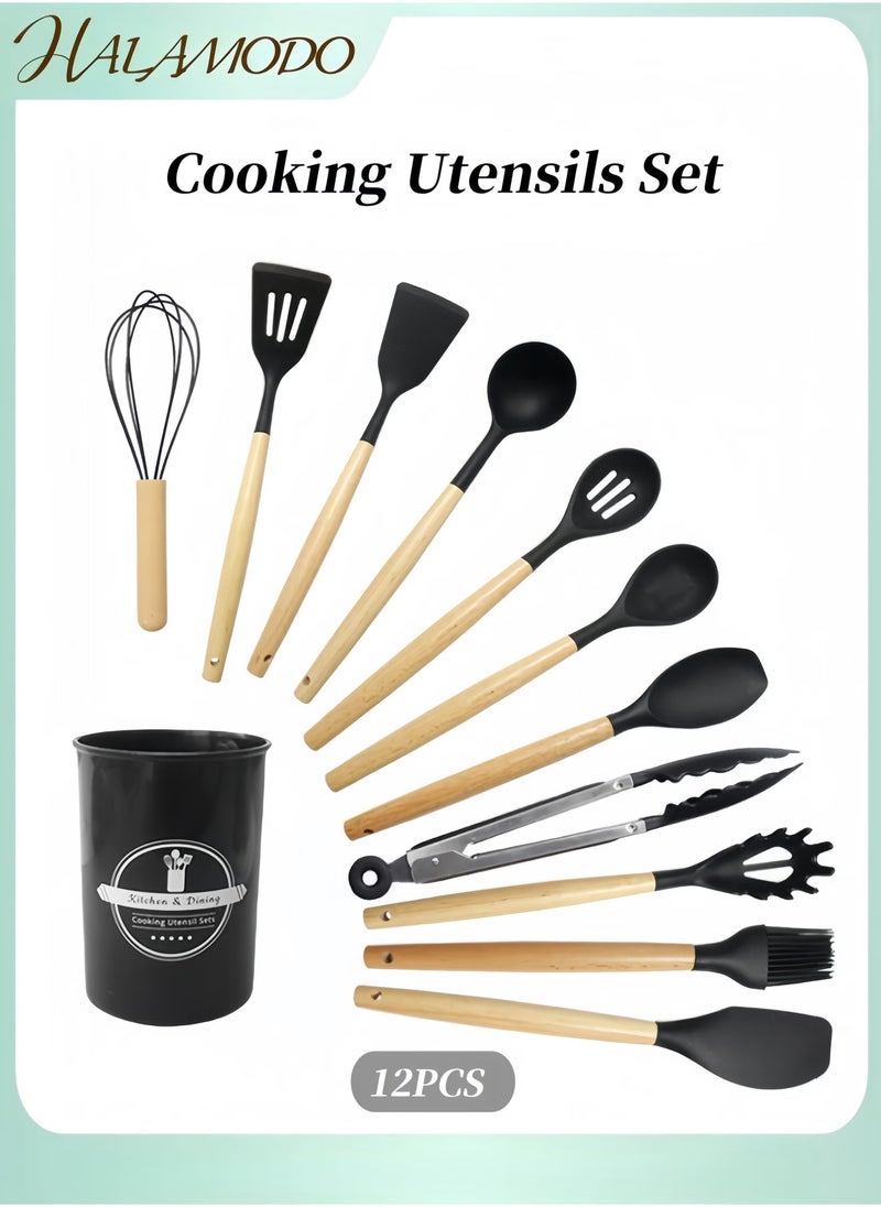 Halamodo 12PCS Silicone Cooking Utensils Set with Wooden Handle Non-Stick Food Grade Quality Silicone Cooking Utensils Set 428℉ Heat Resistant BPA Free Silicone Spatula Set Kitchen Tools - Image 1
