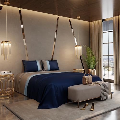Stoa Paris 300TC UltraSatin Super Size Bedsheet with 2 Pillow Covers, 274cm x 274cm Ideal for King & Double Bed, Gentle on Skin & Hair, Fade & Wrinkle Resistant, Quick Dry, Vogue - Blue, Grey - Image 2