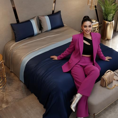 Stoa Paris 300TC UltraSatin Super Size Bedsheet with 2 Pillow Covers, 274cm x 274cm Ideal for King & Double Bed, Gentle on Skin & Hair, Fade & Wrinkle Resistant, Quick Dry, Vogue - Blue, Grey - Image 1