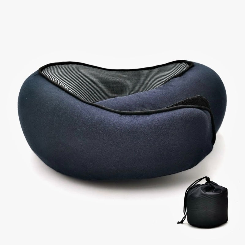 Travel Neck Pillow: Navy Blue Premium Memory Foam Ergonomic 360° Support - Lightweight Compact Portable Breathable Washable Cover for Airplane Car Office Train Adults - Image 1