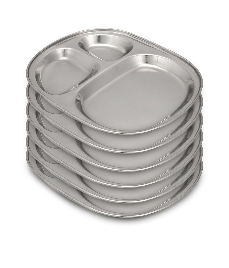 Dynore Stainless Steel 3 in 1 Three Compartment Nasta/Snacks/Kids Nasta Plate/Partition Plate- Set of 6 - Image 2
