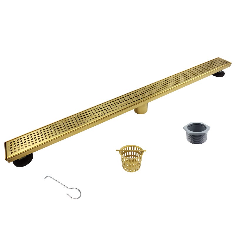 Bernkot Linear Shower Drain 36 304 Stainless Steel Floor Drain with Grid Drain Cover  Hair Strainer Rectangular Shower Drain wCUPC Certified Brushed Gold